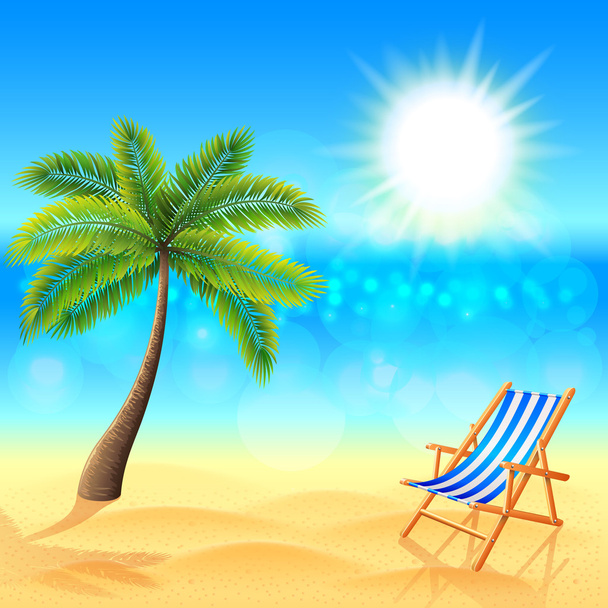 Palm and deck chair on sunny beach vector - Vector, afbeelding
