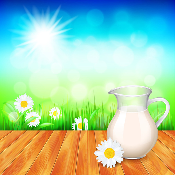 Milk jug on wooden table, nature background - Vector, Image