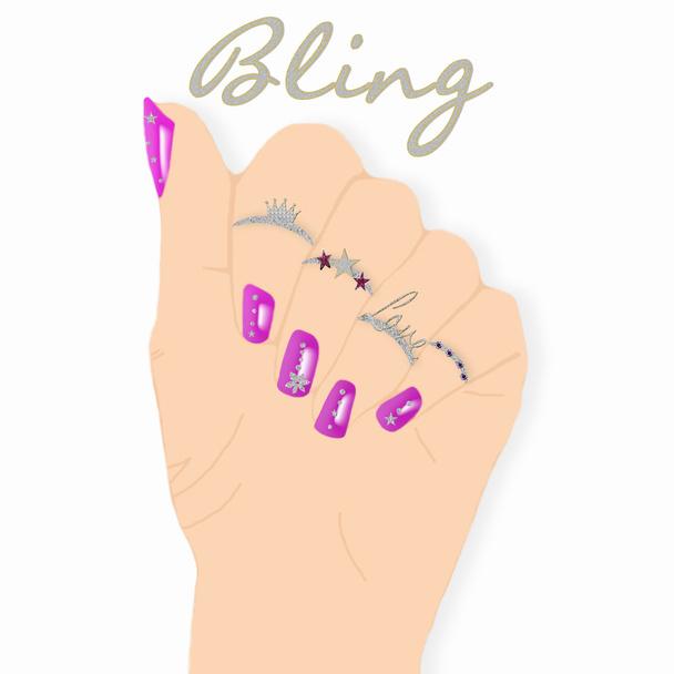 Grafische Hand der Frau - viel Bling mit Ringen - Foto, Bild