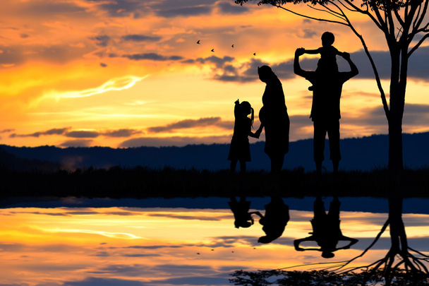  Silhouette einer glücklichen Familie mit fünf Personen, Mutter, Vater, Baby, Kind und Säugling (Frauen)) - Foto, Bild
