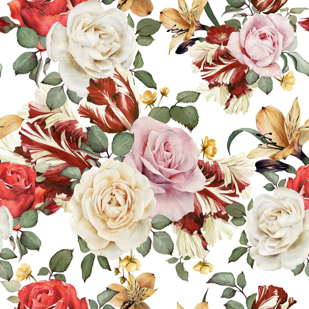 Seamless floral pattern with roses, watercolor - Foto, imagen