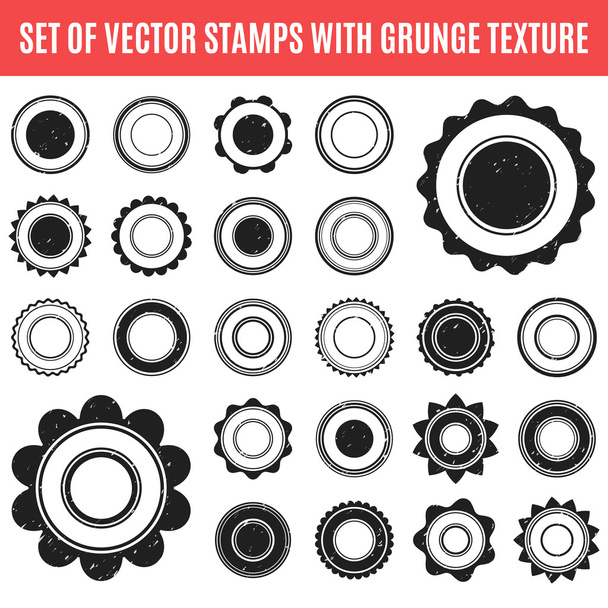 Satz schwarzer Grunge-Briefmarke. runde Formen. Vektorillustration - Vektor, Bild