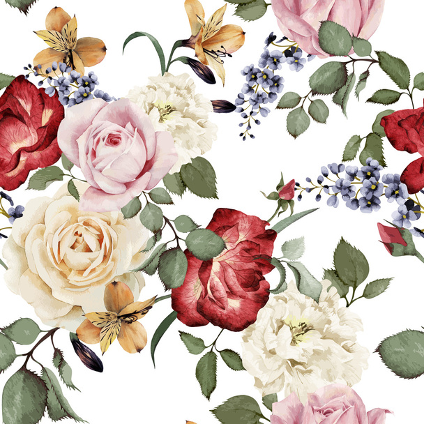 Seamless floral pattern with roses, watercolor. Vector illustrat - Вектор,изображение