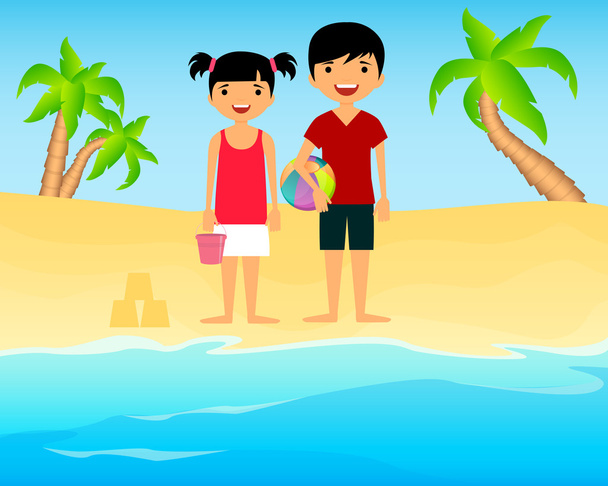 Children playing on a sandy beach. Vector illustration - Vektor, kép