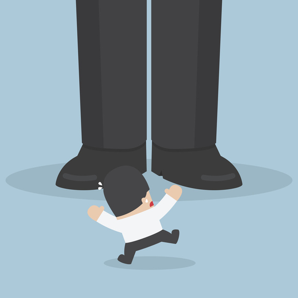 Businessman scared when he standing in front of giant foot - Vector, Image