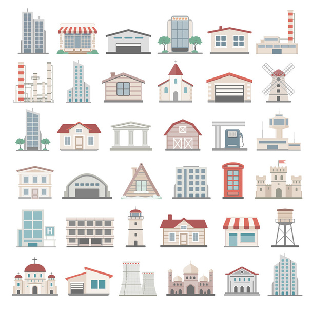 Iconos planos - Edificios
 - Vector, Imagen