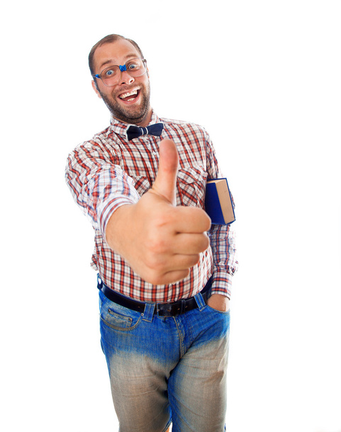 cool guy nerd with a book under his arm showing gesture - Class - 写真・画像
