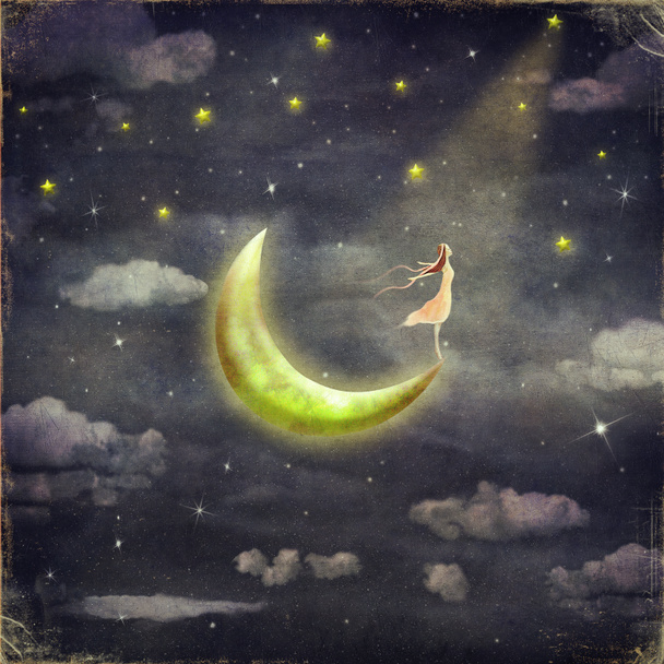 A ilustração mostra a menina que admira o céu estrelado
 - Foto, Imagem