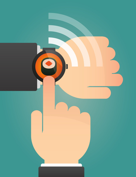 Hand pointing a smart watch with a piece of sushi - Vector, Image