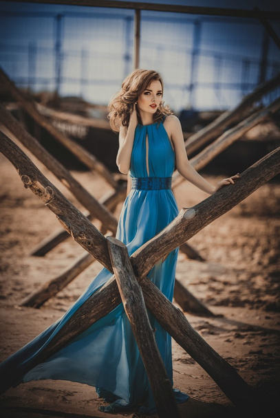 fille en robe bleue longue sur un bord de mer
 - Photo, image