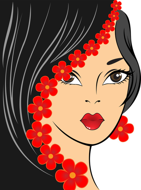 Девушка с красными цветами
 - Вектор,изображение