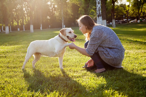 Beautiful woman playing with her dog. - Photo, image