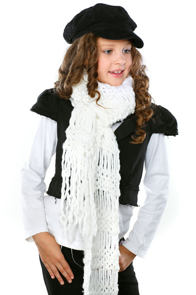 A little beautiful girl is in autumn clothes, isolated on a white backgroun - Fotografie, Obrázek