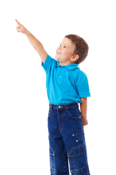 Little boy with empty pointing lifted up hand - Foto, Imagen
