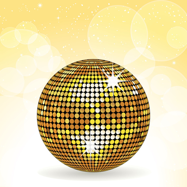 Gouden disco bal en gele achtergrond - Vector, afbeelding