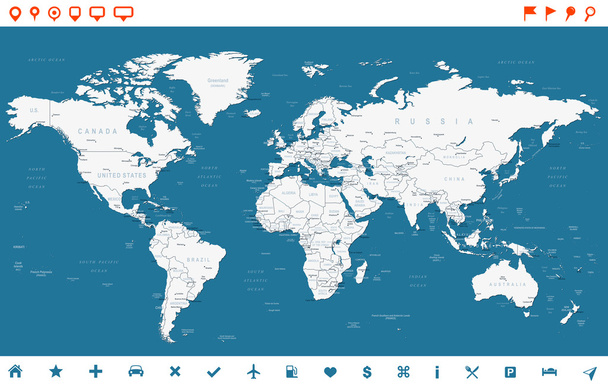 Steel Blue World Mapa e iconos de navegación - ilustración
 - Vector, Imagen