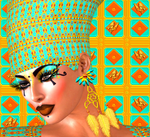 Rainha egípcia adornada com ouro e turquesa. Sua beleza e confiança são inquestionáveis
. - Foto, Imagem