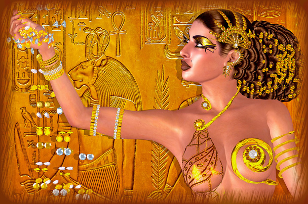 Ägyptische Prinzessin geschmückt mit Goldschmuck und Edelsteinen. Fantasy-Szene der digitalen Kunst. - Foto, Bild