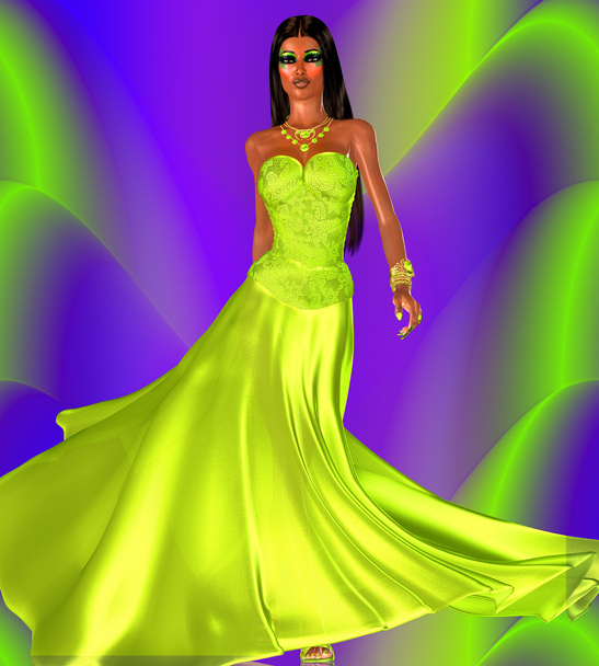 Vestido de noche verde y un fondo colorido, perfecto para temas de belleza y moda
. - Foto, Imagen
