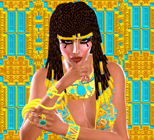 Egyptian queen adorned with gold jewelry. A colorful dress, matching cosmetics and background all come together to complete this Egyptian digital art fantasy scene. - Fotoğraf, Görsel