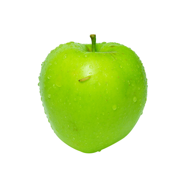 Manzana verde con oruga aislada en blanco
. - Foto, imagen