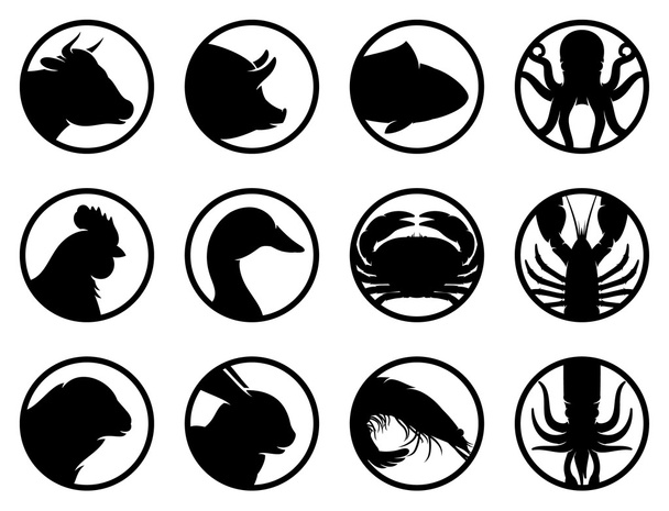 Комплект плоских икон морепродуктов и сельскохозяйственных животных
 - Вектор,изображение