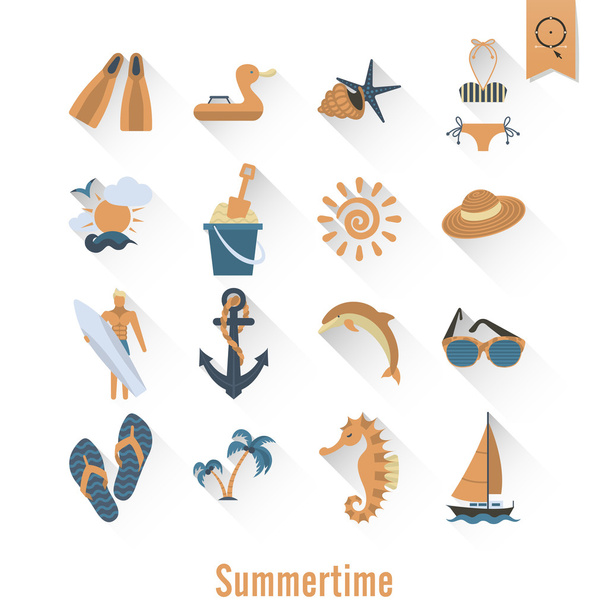 Summer and Beach Simple Flat Icons - Vektör, Görsel