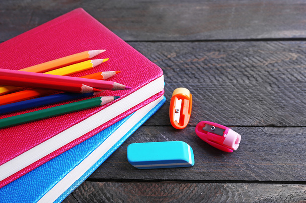 Colorful stationery on wooden table, closeup - Fotoğraf, Görsel