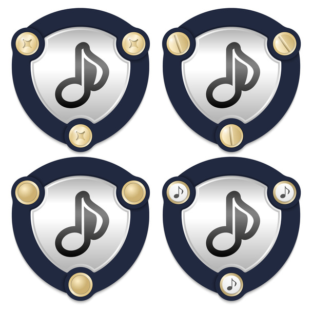 Set of four abstract icons with golden screws and music symbol - Vector, imagen