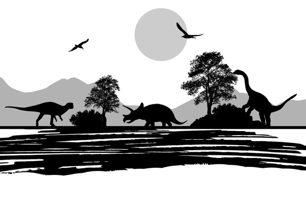 dinosaurussen silhouetten in prachtige landschap - Vector, afbeelding