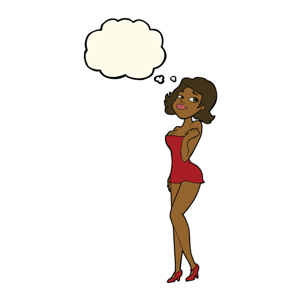 rajzfilm vonzó nő rövid ruha gondolat buborék - Vektor, kép