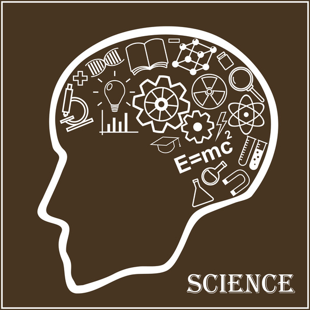 Human head and icons of science. Vector illustration in linear style. - Vecteur, image