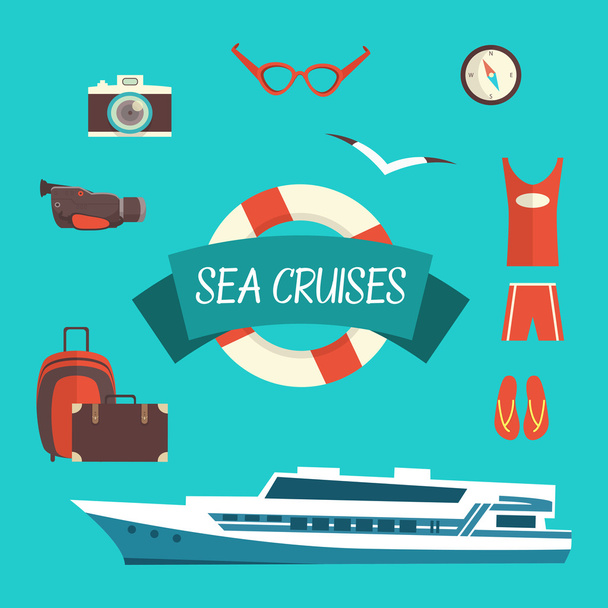 Tourism concept image sea vacation flat vector icons with ship - Vettoriali, immagini