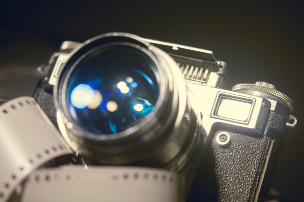 Close-up of old photo camera with metallic color - Fotó, kép