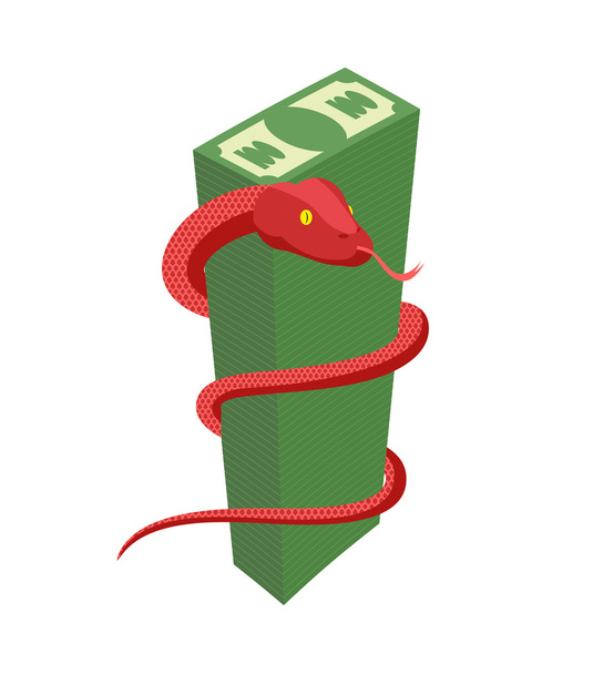 Red Snake encircles large pile of money. Cobra and dollars. Dang - Διάνυσμα, εικόνα