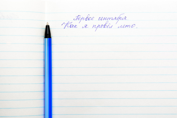 Caption ballpoint pen in a school notebook - Φωτογραφία, εικόνα