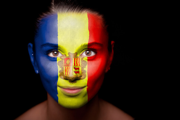 Portrait of a woman with the flag of the Andorra - Foto, Imagen