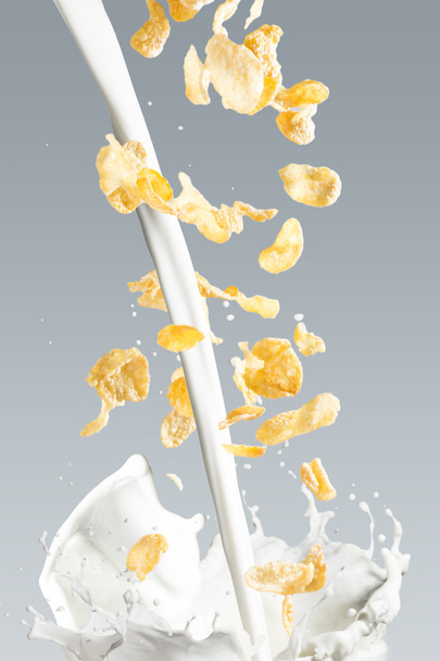 Corn Flakes Falling into Milk Splash - Photo, Image