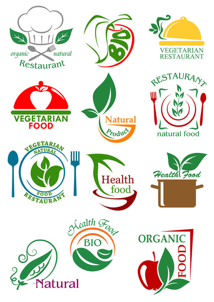Эмблемы вегетарианской и натуральной здоровой пищи
 - Вектор,изображение