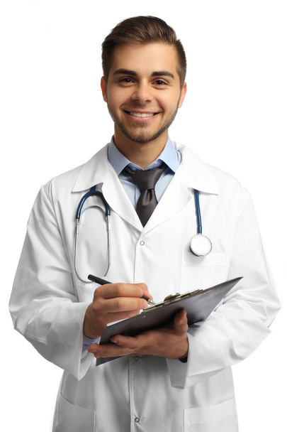 Male doctor with folder isolated on white - Foto, Bild