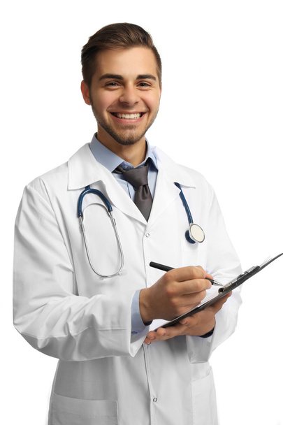 Male doctor with folder isolated on white - Foto, Imagem