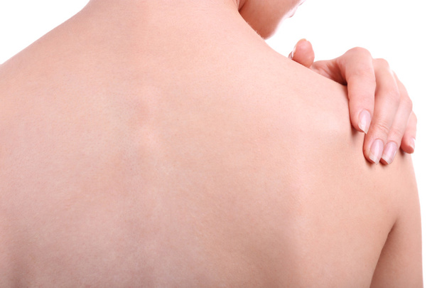 Menina com dor nas costas close up
 - Foto, Imagem