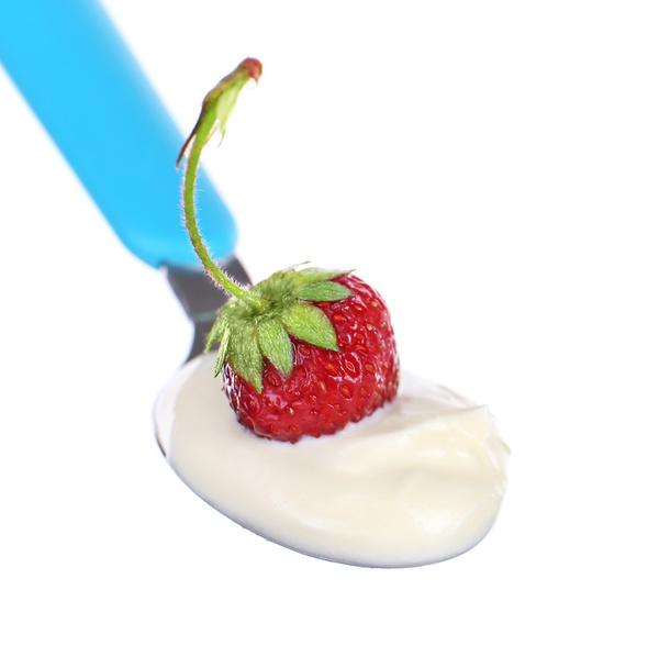 Delicious yogurt in spoon - Fotoğraf, Görsel