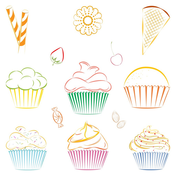 Conjunto de cupcakes vectoriales y dulces. Esquema
 - Vector, Imagen
