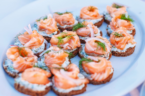 Snacks with salmon on plate. - Φωτογραφία, εικόνα