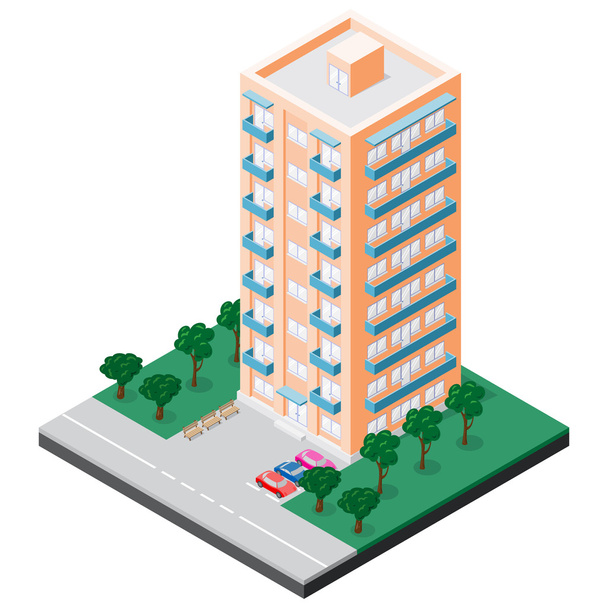 Isometric multistory building with balconies which has benches, cars, sidewalk and trees in courtyard - Vector, afbeelding