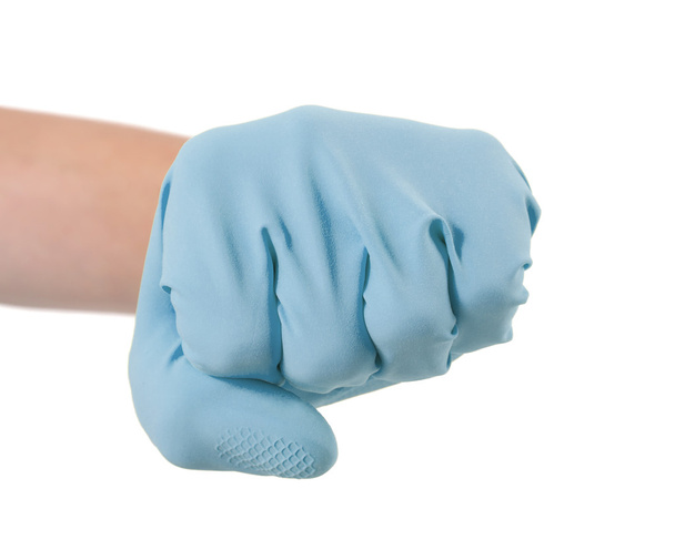 Рука в резиновой перчатке жест кулак
 - Фото, изображение