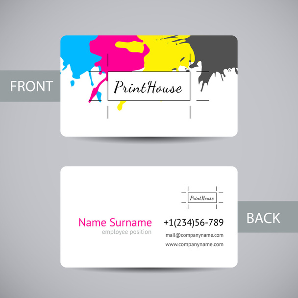 Business card for print house with CMYK ink splashes - Vector, Image