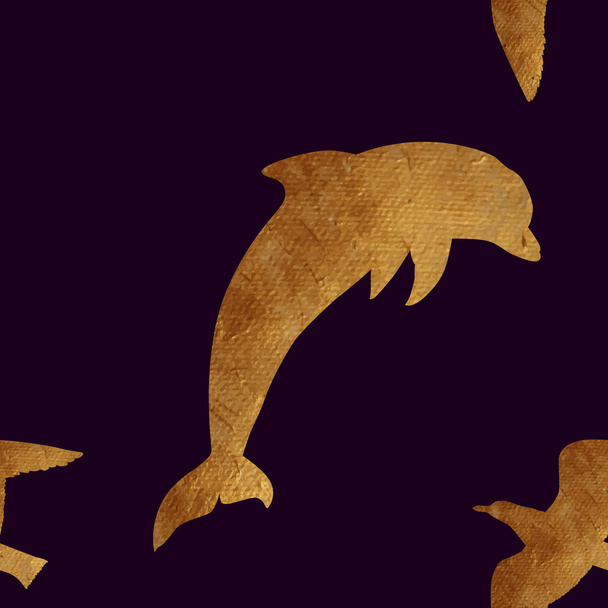 Muster mit goldenen Vögeln und Delfinen. - Vektor, Bild