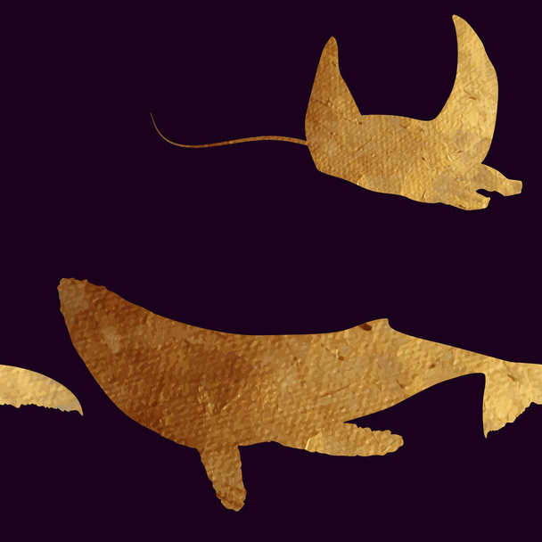 patroon met gouden walvis en manta. - Vector, afbeelding